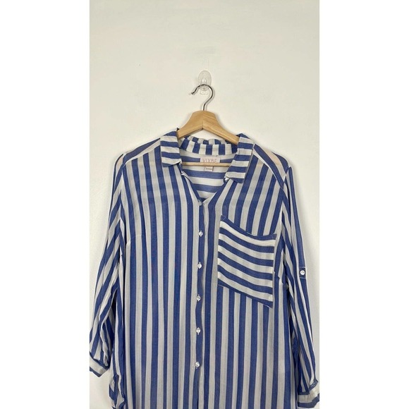 Vixbe Stitch Fix Horizontal Stripes Button Front Shirt Chest Pocket 3/4 Sleeve L - Picture 2 of 7